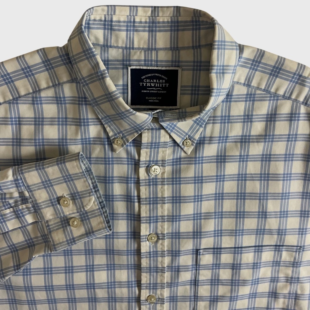 Charles Tyrwhitt Button Down Shirt Mens L Blue Plaid Classic Fit Non-Iron Cotton